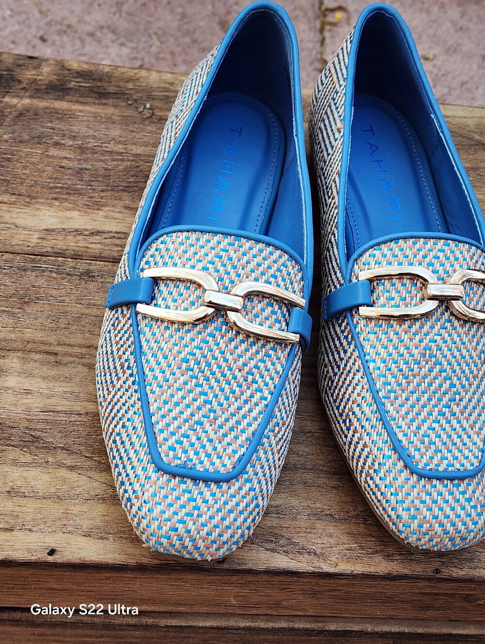 Takhari Women's Blue Tweed Loafers with Gold Chain Accent Size 7 - Picture 7 of 10